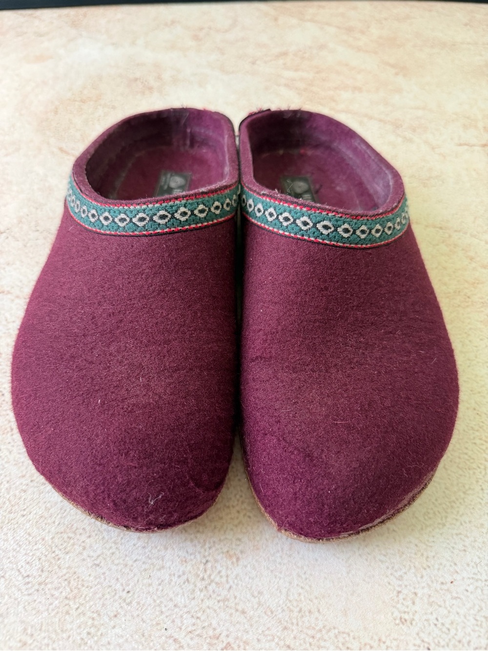 Haflinger Burgundy Wool Slip-On Clogs with Teal Trim